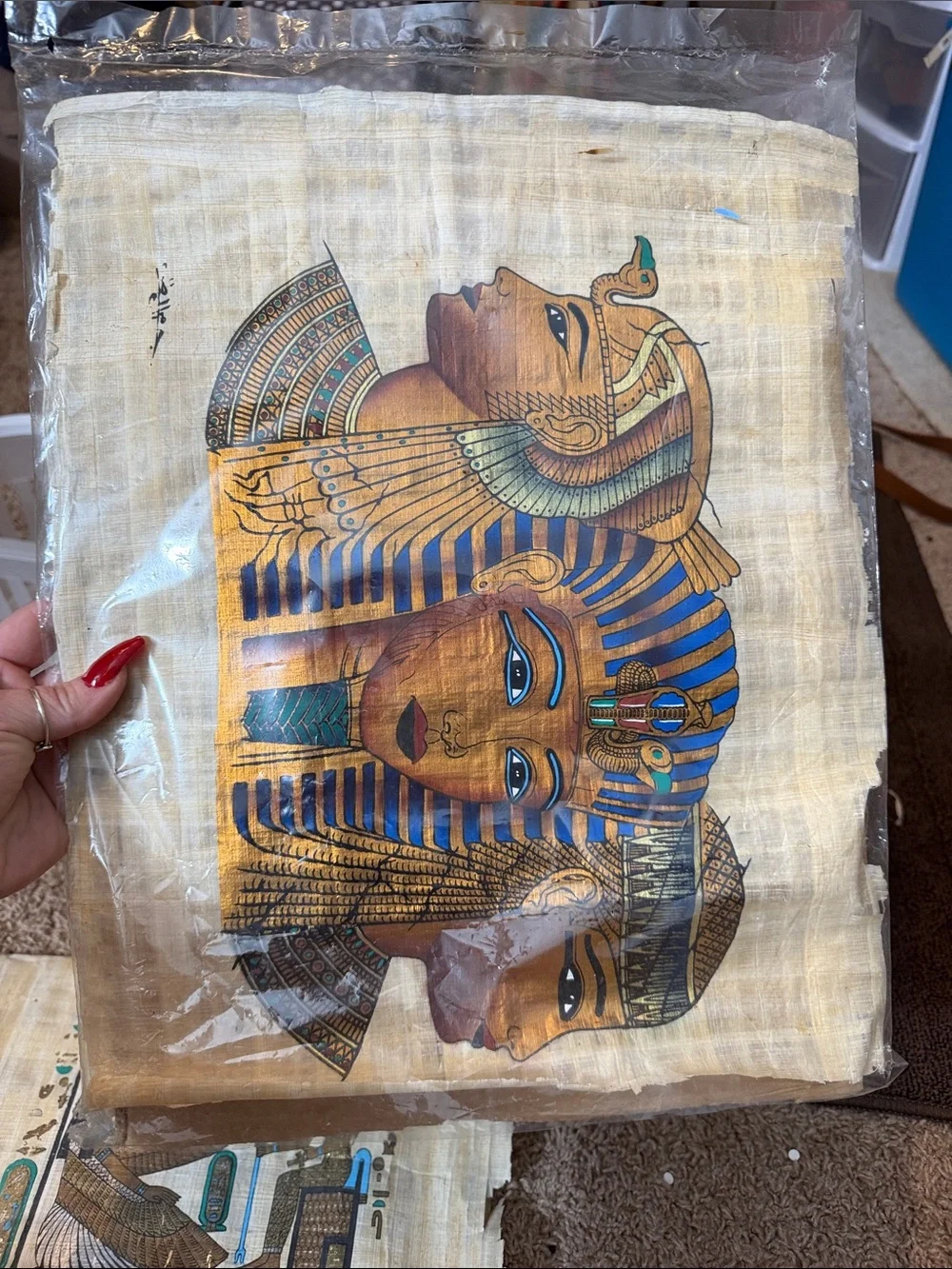 Egyptian Triptych Papyrus Wall Art - Blue and Gold VINTAGE ANTIQUE